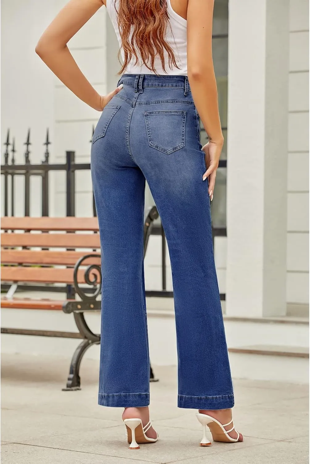 Koinshha Womens Flare Jeans High Waisted Wide Leg Baggy Stretch Boyfriend Denim Pants Trendy