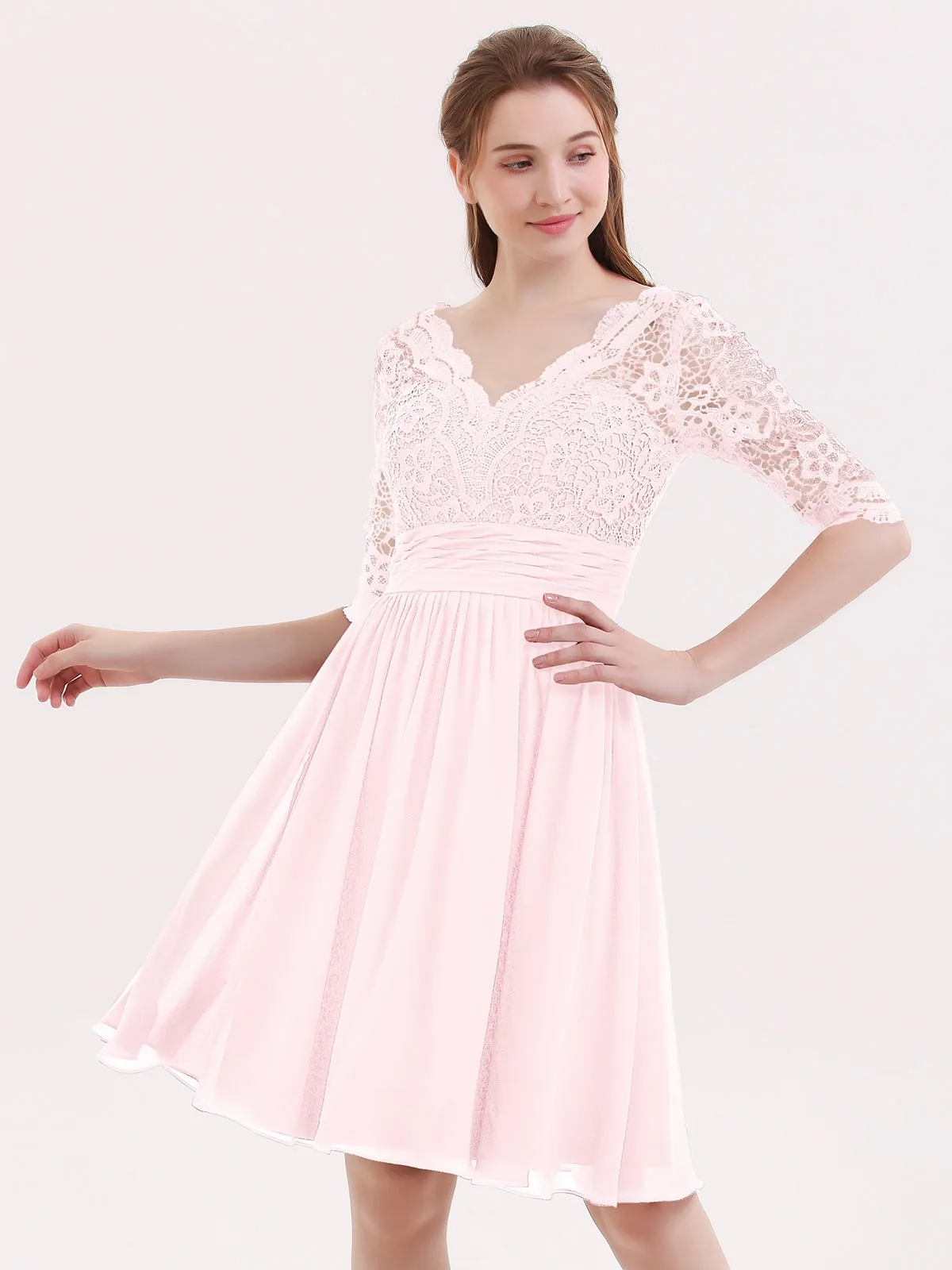 Lace and Chiffon Short Dress with Half Sleeves Blushing Pink