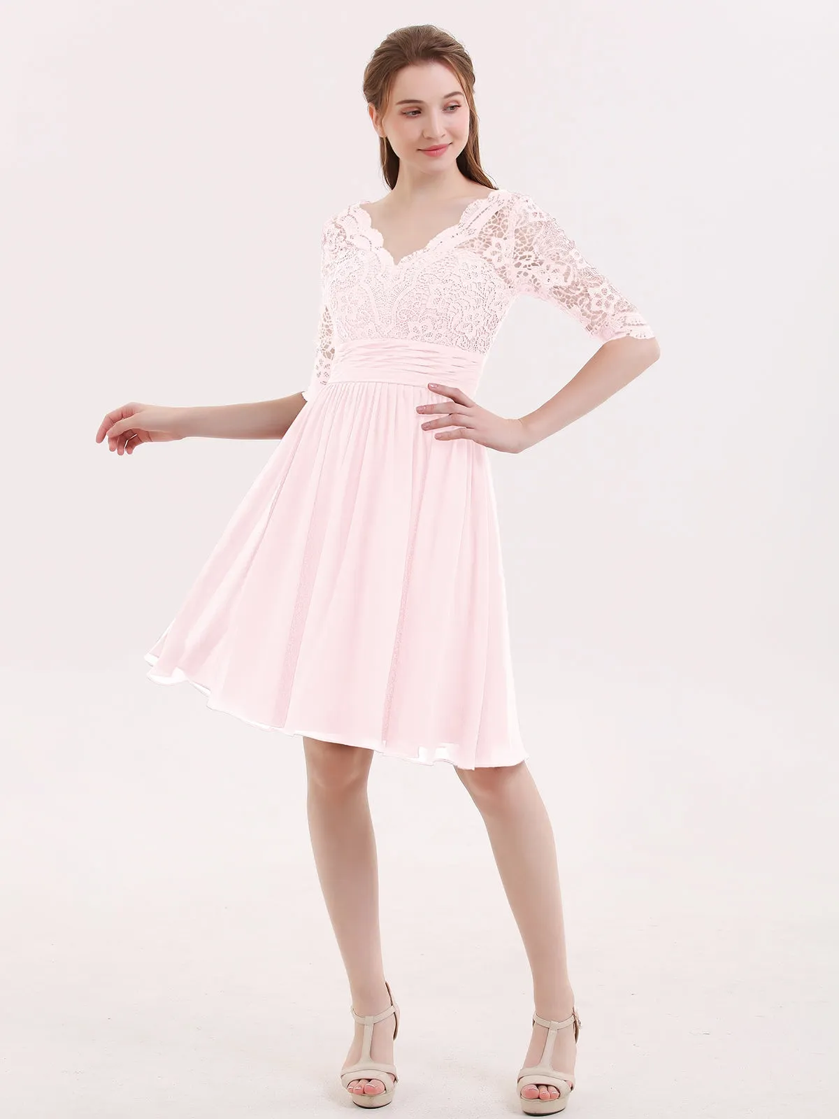 Lace and Chiffon Short Dress with Half Sleeves Blushing Pink