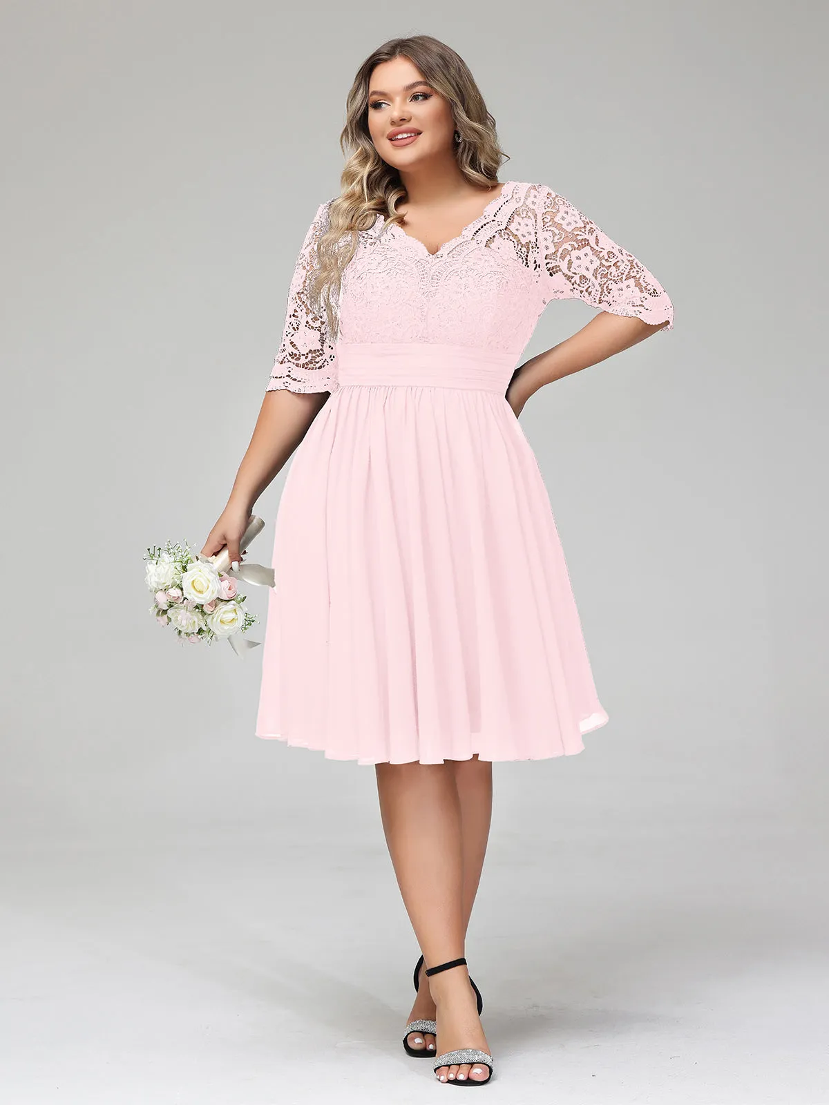 Lace and Chiffon Short Dress with Half Sleeves Blushing Pink