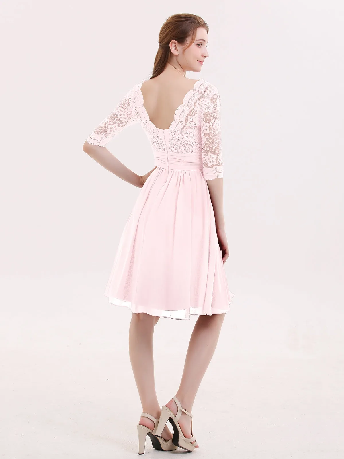 Lace and Chiffon Short Dress with Half Sleeves Blushing Pink