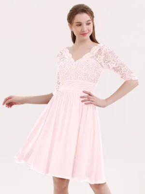 Lace and Chiffon Short Dress with Half Sleeves Blushing Pink