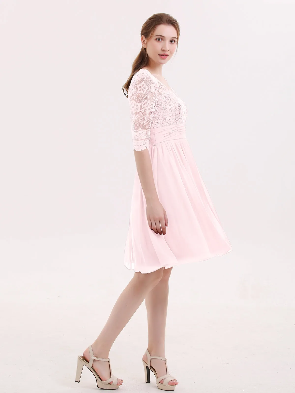 Lace and Chiffon Short Dress with Half Sleeves Blushing Pink