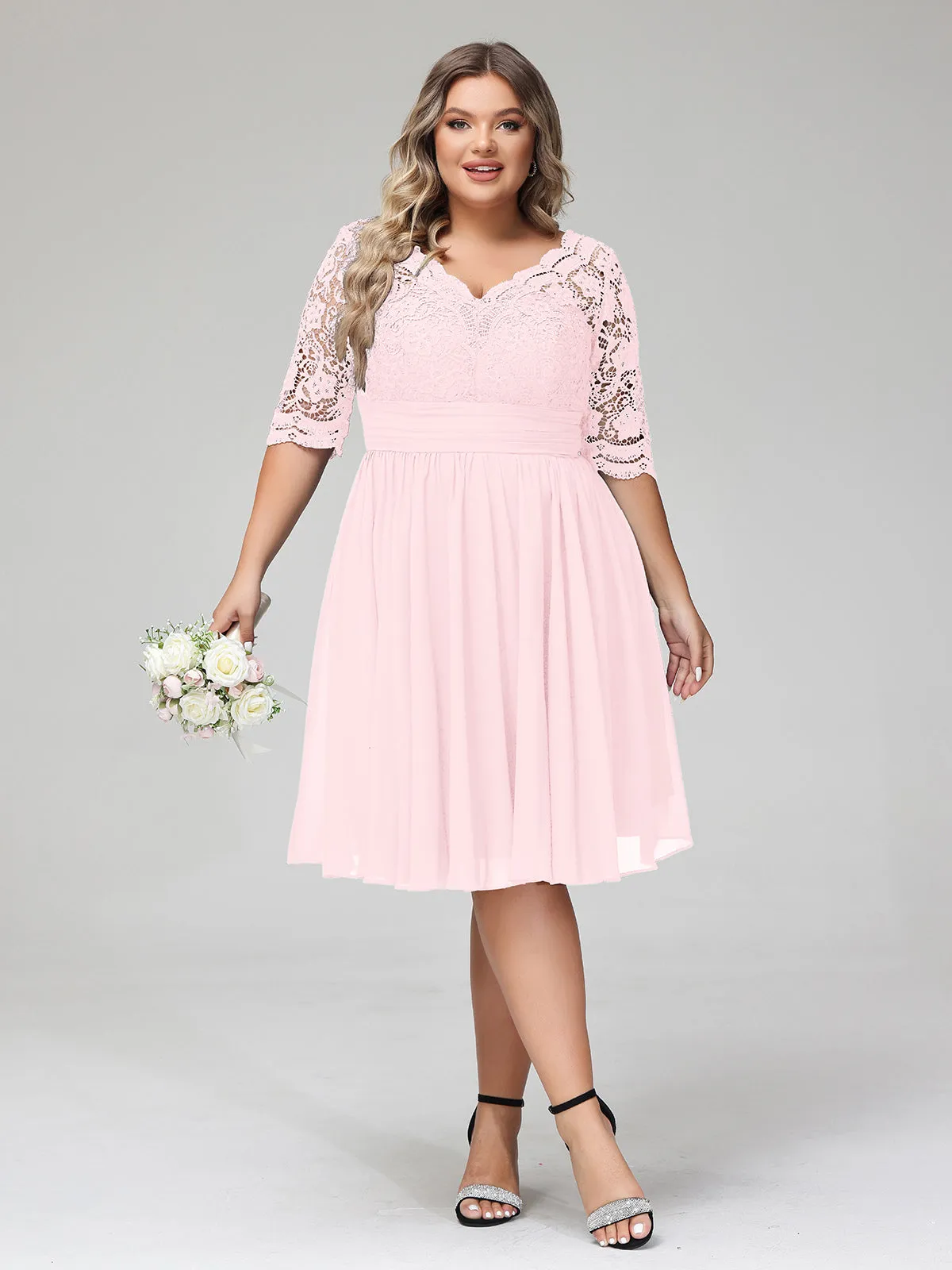 Lace and Chiffon Short Dress with Half Sleeves Blushing Pink