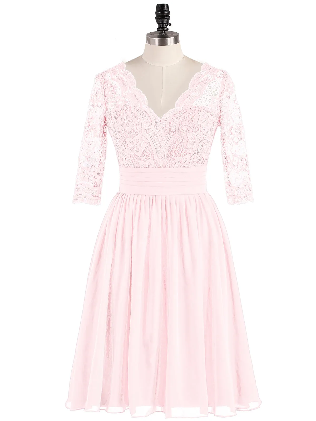 Lace and Chiffon Short Dress with Half Sleeves Blushing Pink