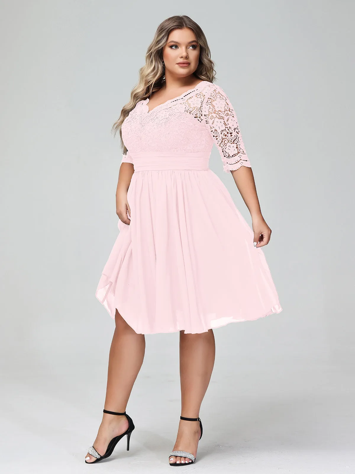 Lace and Chiffon Short Dress with Half Sleeves Blushing Pink