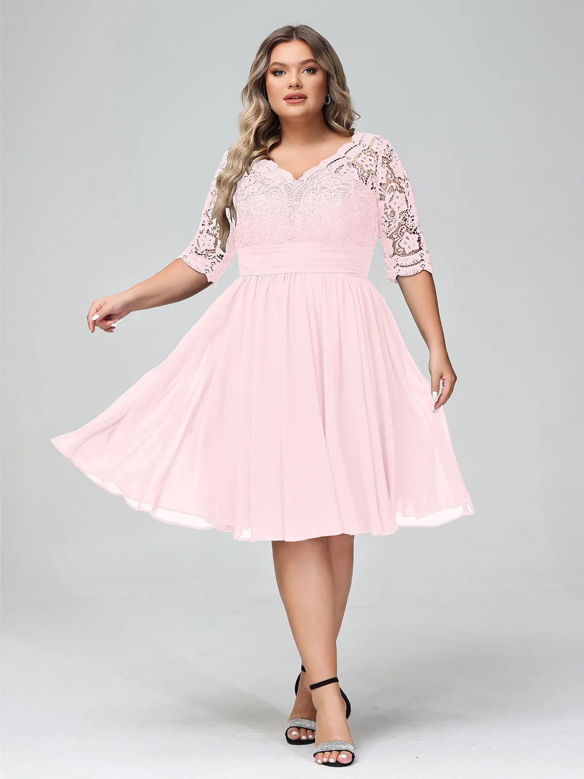 Lace and Chiffon Short Dress with Half Sleeves Blushing Pink