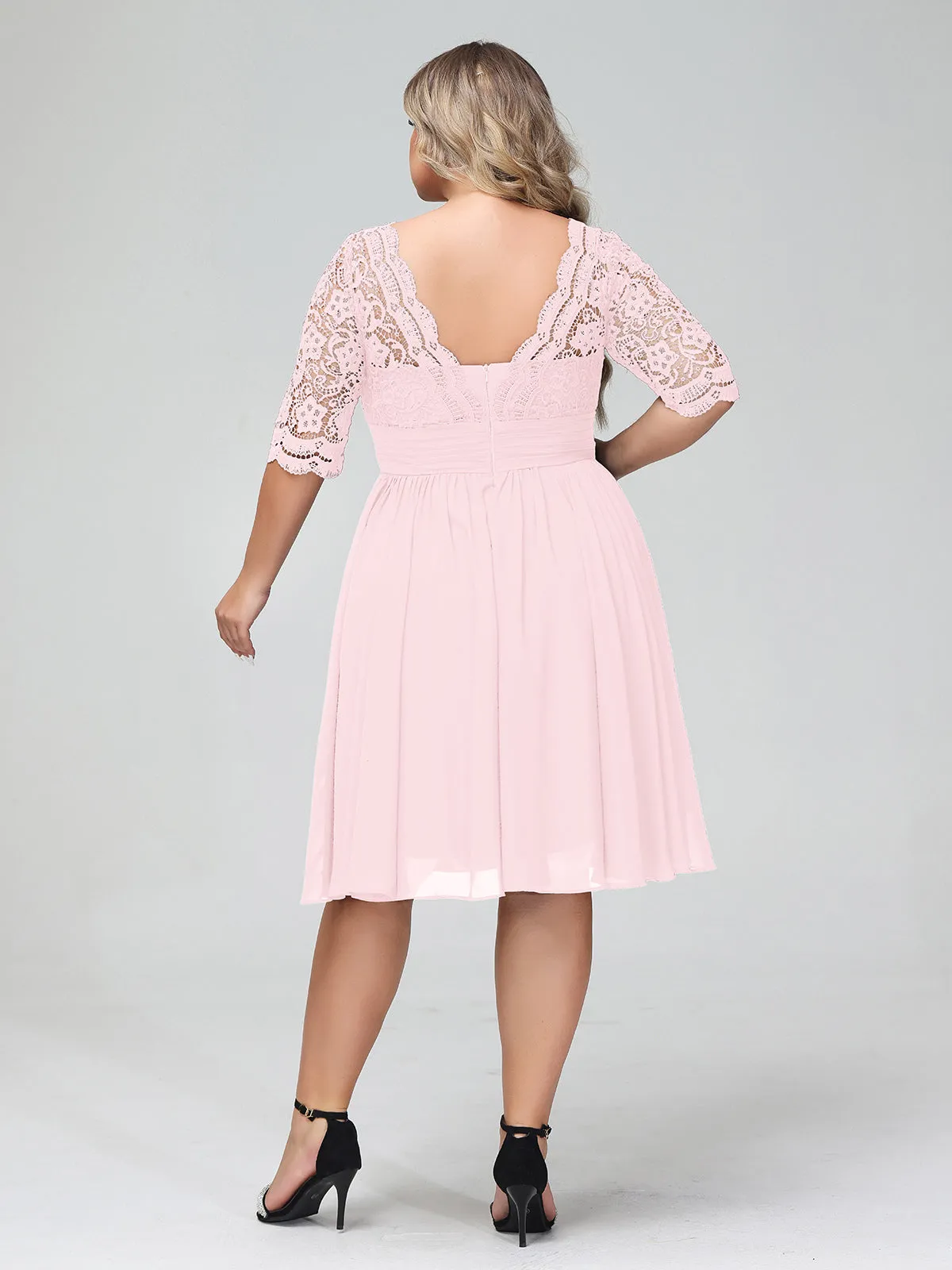 Lace and Chiffon Short Dress with Half Sleeves Blushing Pink