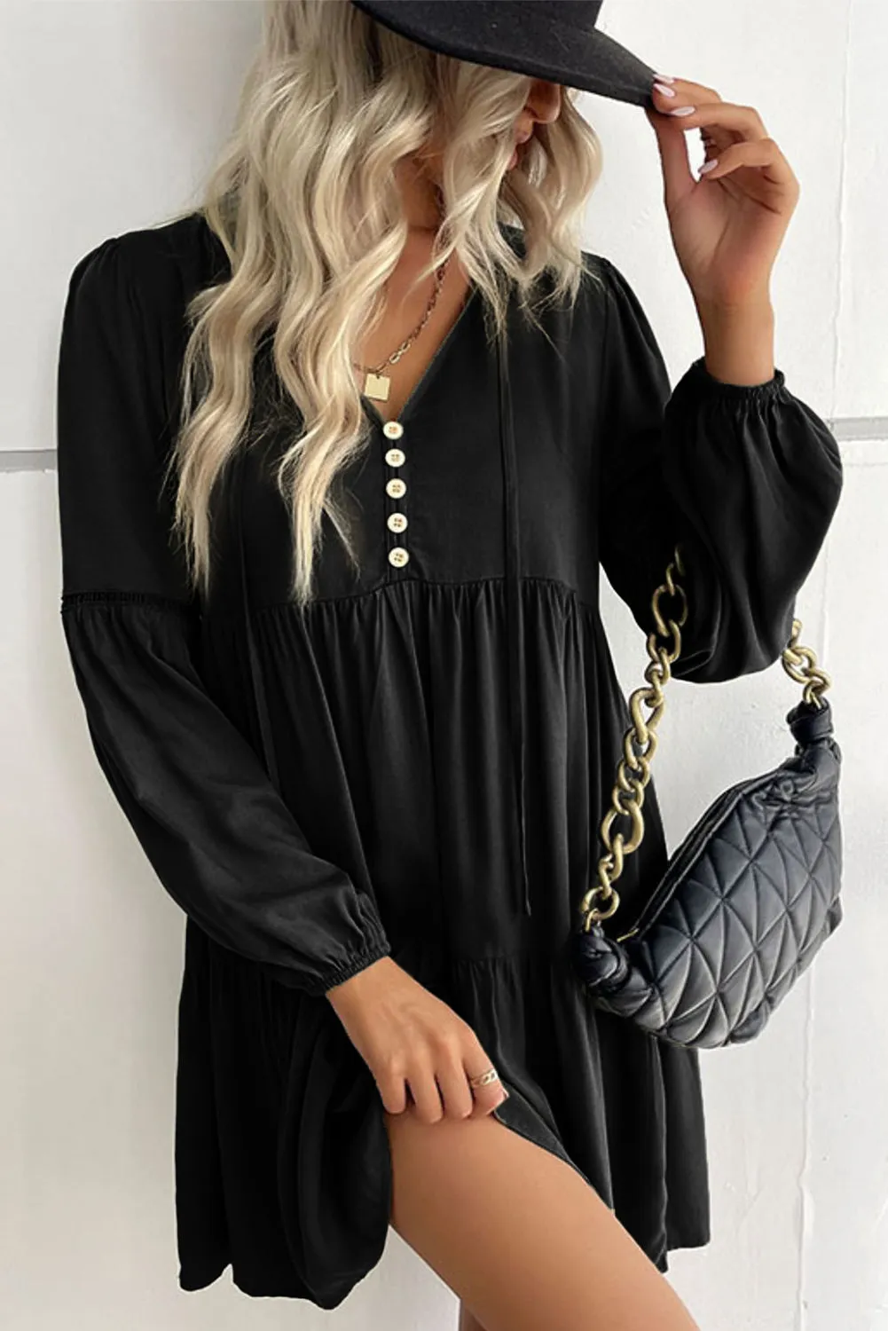 Lace Puff Sleeve Buttoned Tiered Ruffled Mini Dress