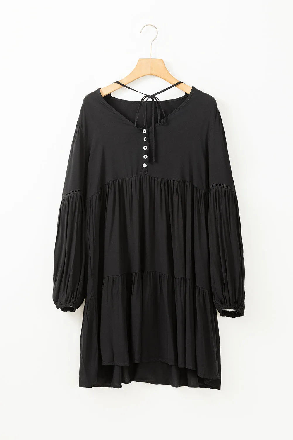 Lace Puff Sleeve Buttoned Tiered Ruffled Mini Dress