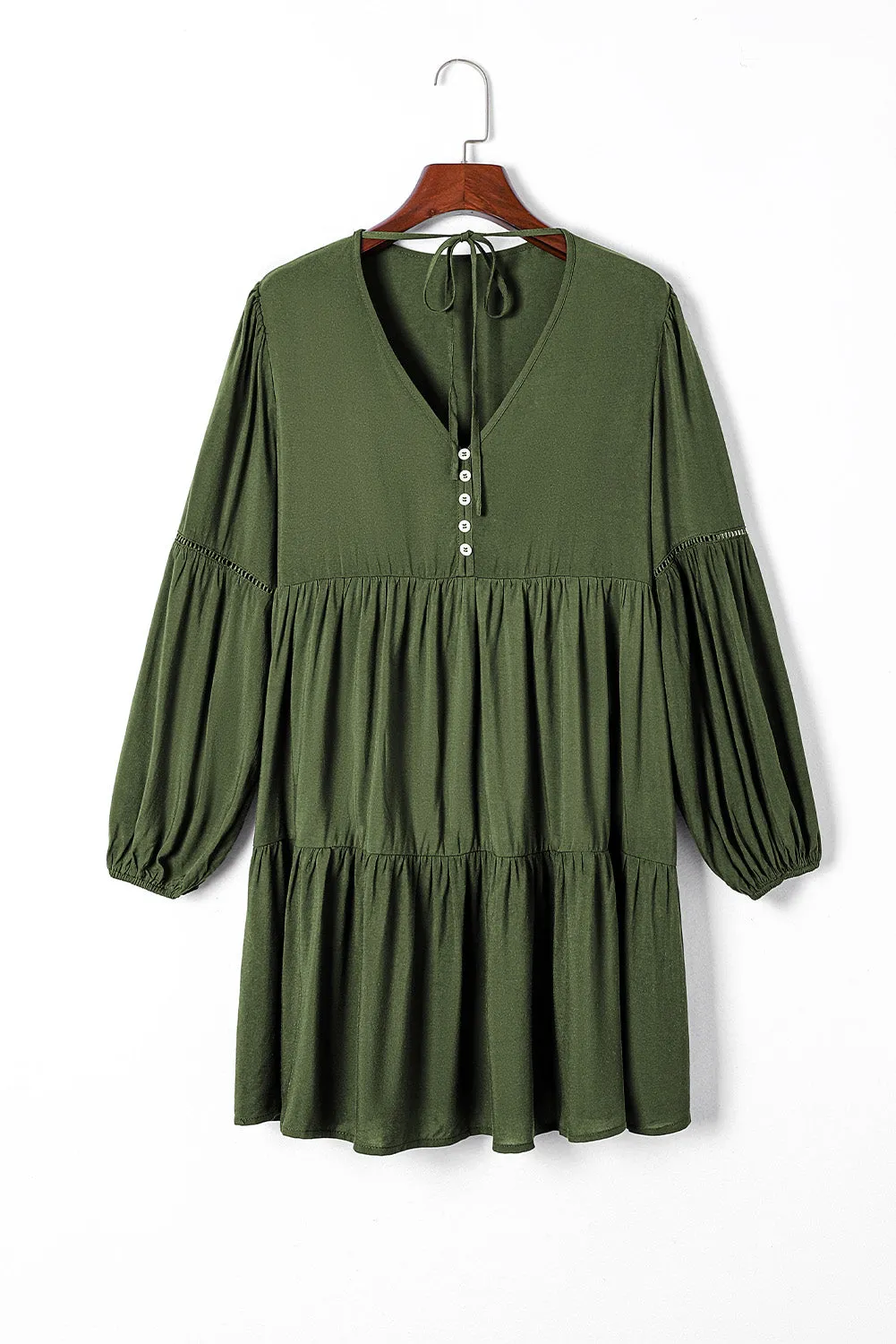 Lace Puff Sleeve Buttoned Tiered Ruffled Mini Dress