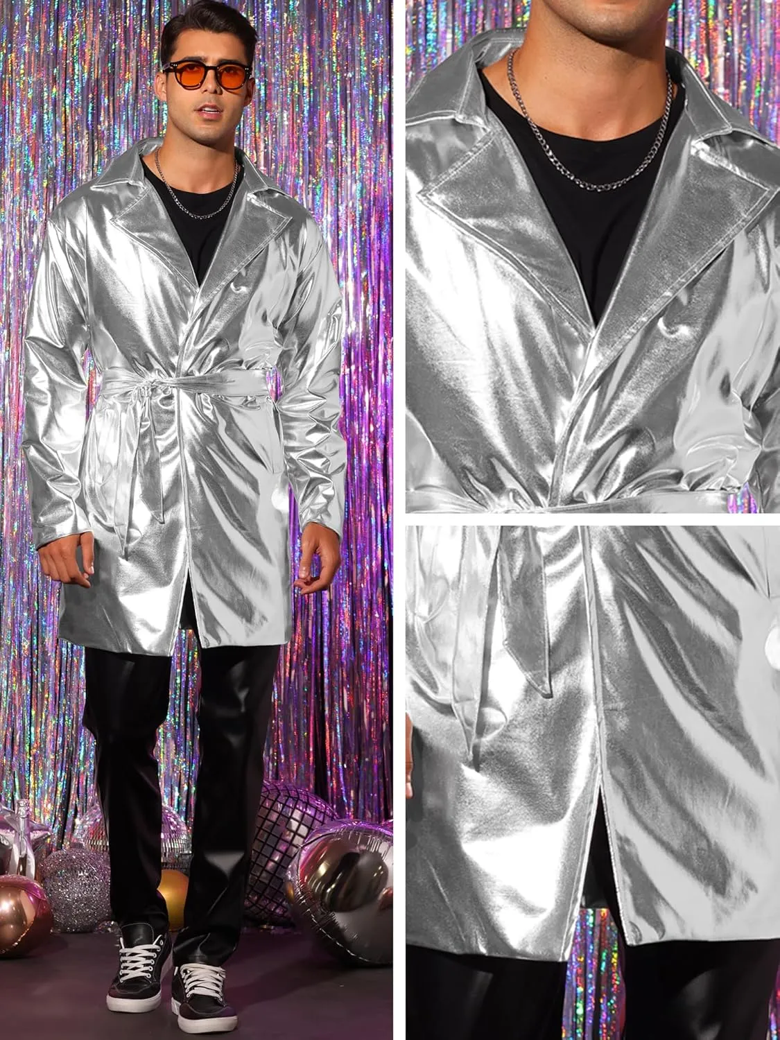 Lars Amadeus Metallic Trench Coat for Men's Lapel Disco Party Shiny Long Coat with Belt