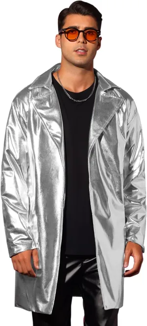 Lars Amadeus Metallic Trench Coat for Men's Lapel Disco Party Shiny Long Coat with Belt