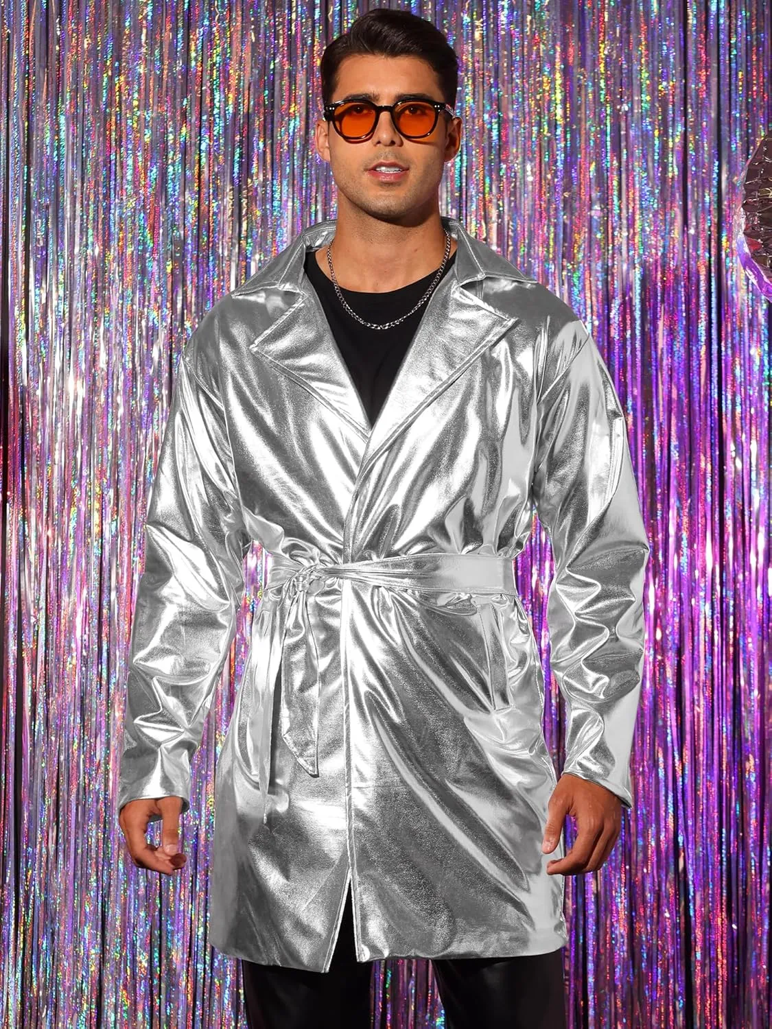 Lars Amadeus Metallic Trench Coat for Men's Lapel Disco Party Shiny Long Coat with Belt
