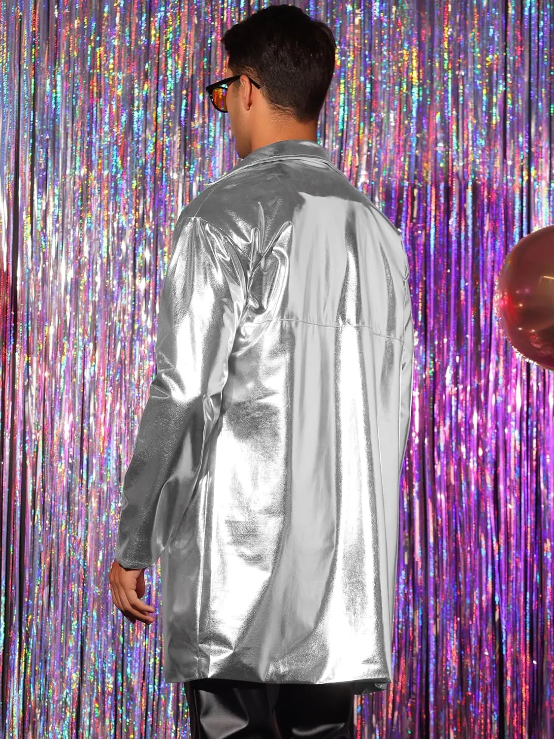 Lars Amadeus Metallic Trench Coat for Men's Lapel Disco Party Shiny Long Coat with Belt
