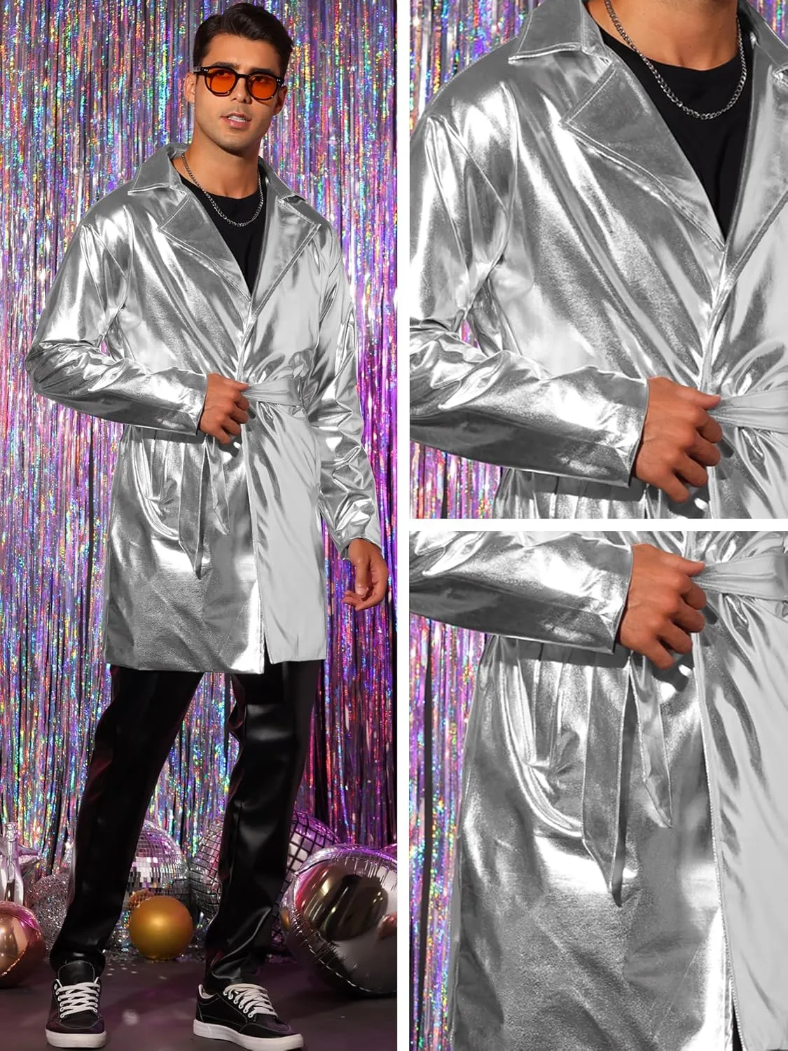 Lars Amadeus Metallic Trench Coat for Men's Lapel Disco Party Shiny Long Coat with Belt