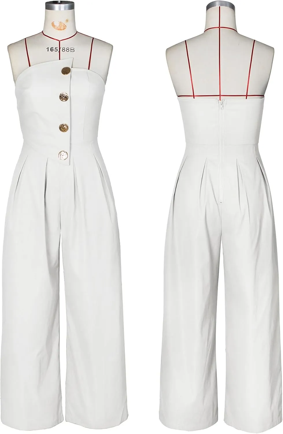 LETSVDO Women's Strapless Tube Top Jumpsuit Dressy Wide Leg Cargo Asymmetrical Metal Button Pleated Party Pant Romper