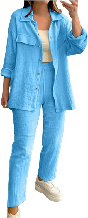 Linen Sets for Women 2 Piece Straight Wide Leg Pants Set Short Sleeve T-shirt Casual Outfits Comfy Loungewear