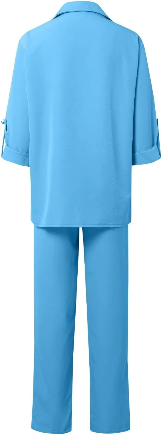 Linen Sets for Women 2 Piece Straight Wide Leg Pants Set Short Sleeve T-shirt Casual Outfits Comfy Loungewear
