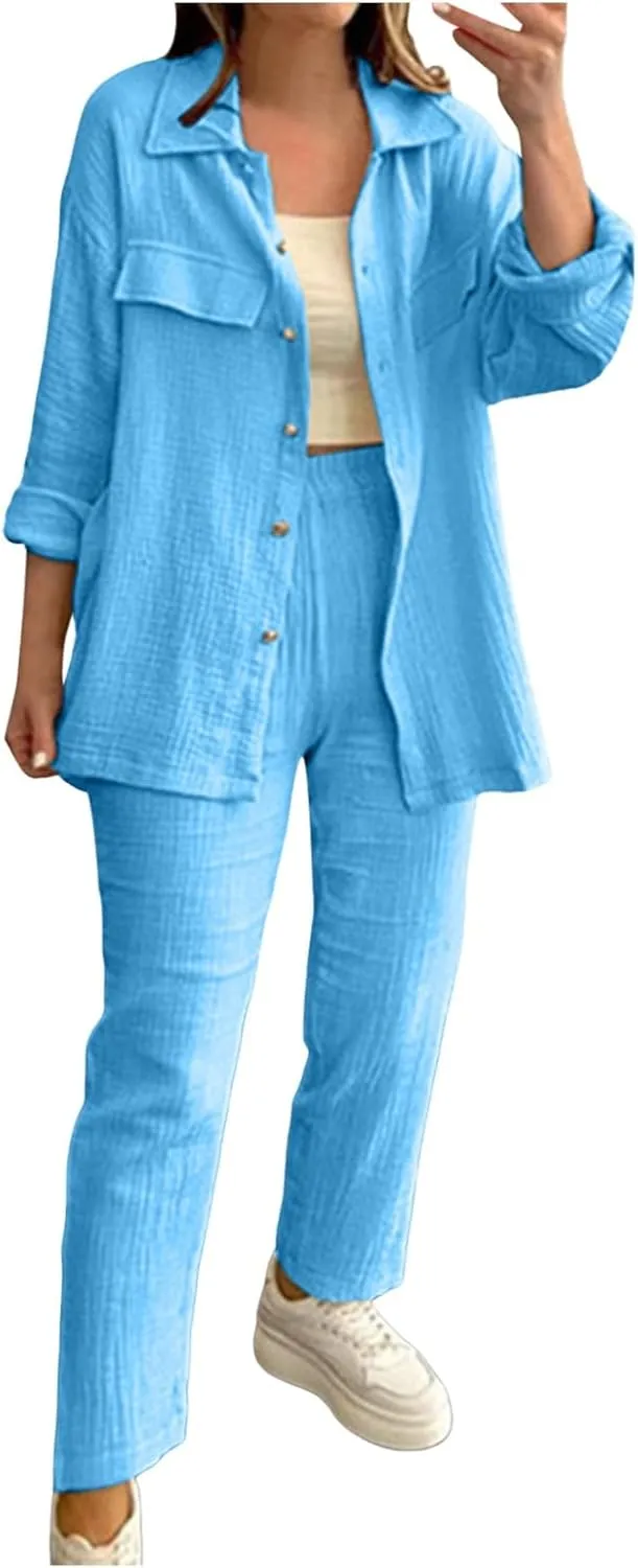 Linen Sets for Women 2 Piece Straight Wide Leg Pants Set Short Sleeve T-shirt Casual Outfits Comfy Loungewear