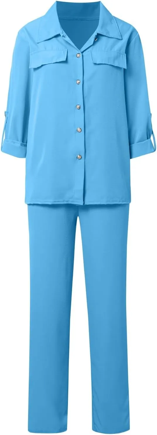 Linen Sets for Women 2 Piece Straight Wide Leg Pants Set Short Sleeve T-shirt Casual Outfits Comfy Loungewear