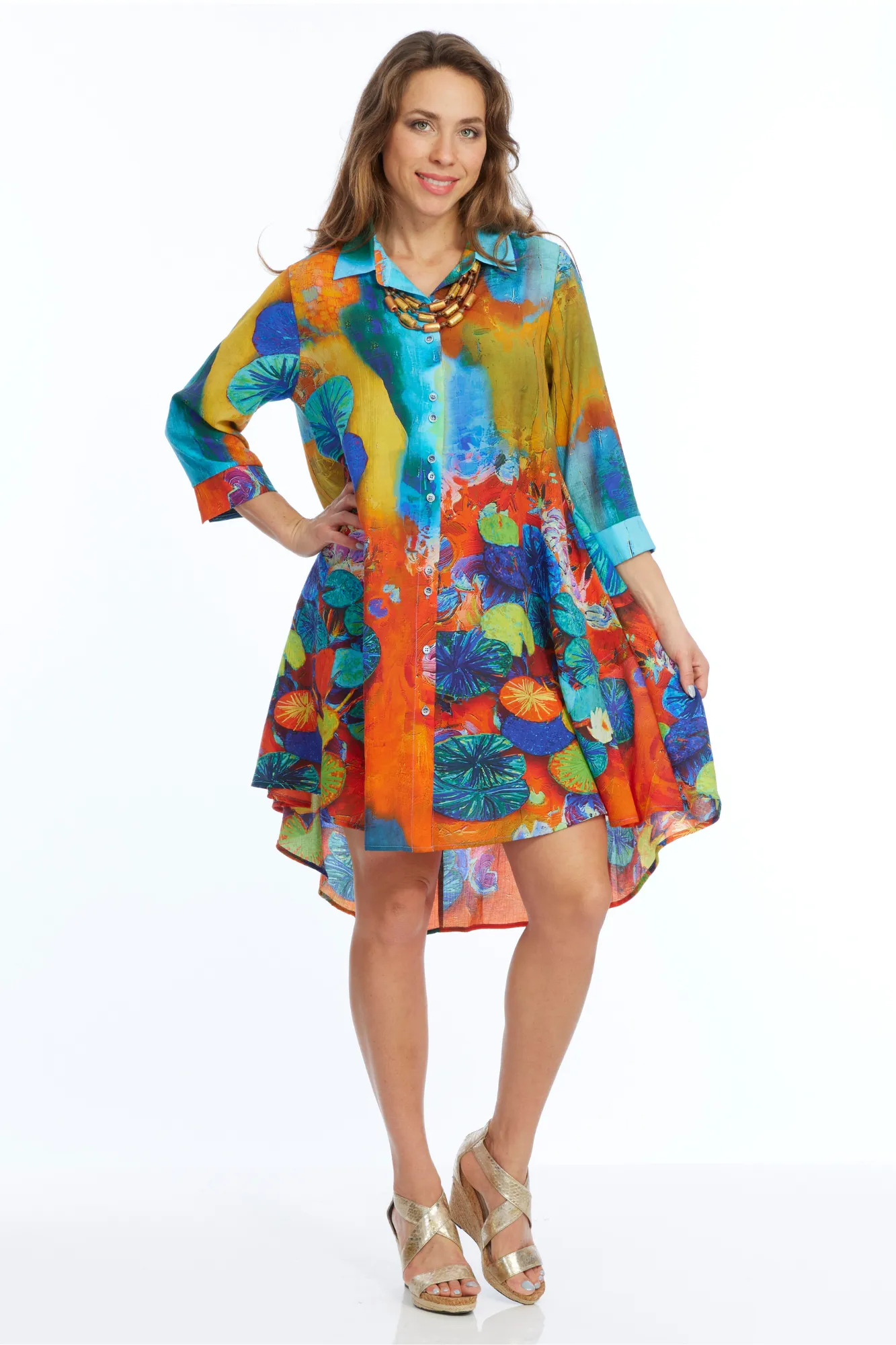 LIOR Women's 3/4 Sleeve Duster Dress In Aqua Print