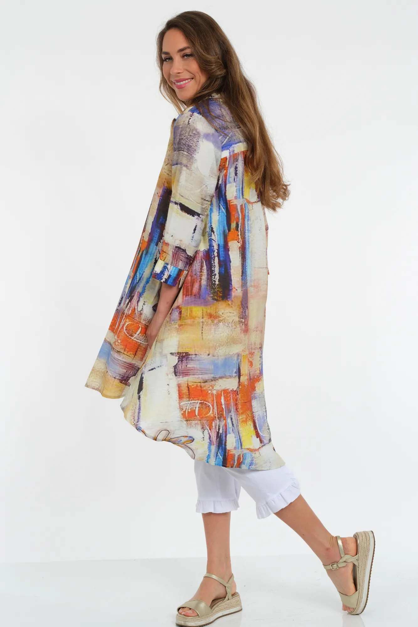 LIOR Women's Beige Multi Print 3/4 Sleeve Duster Dress