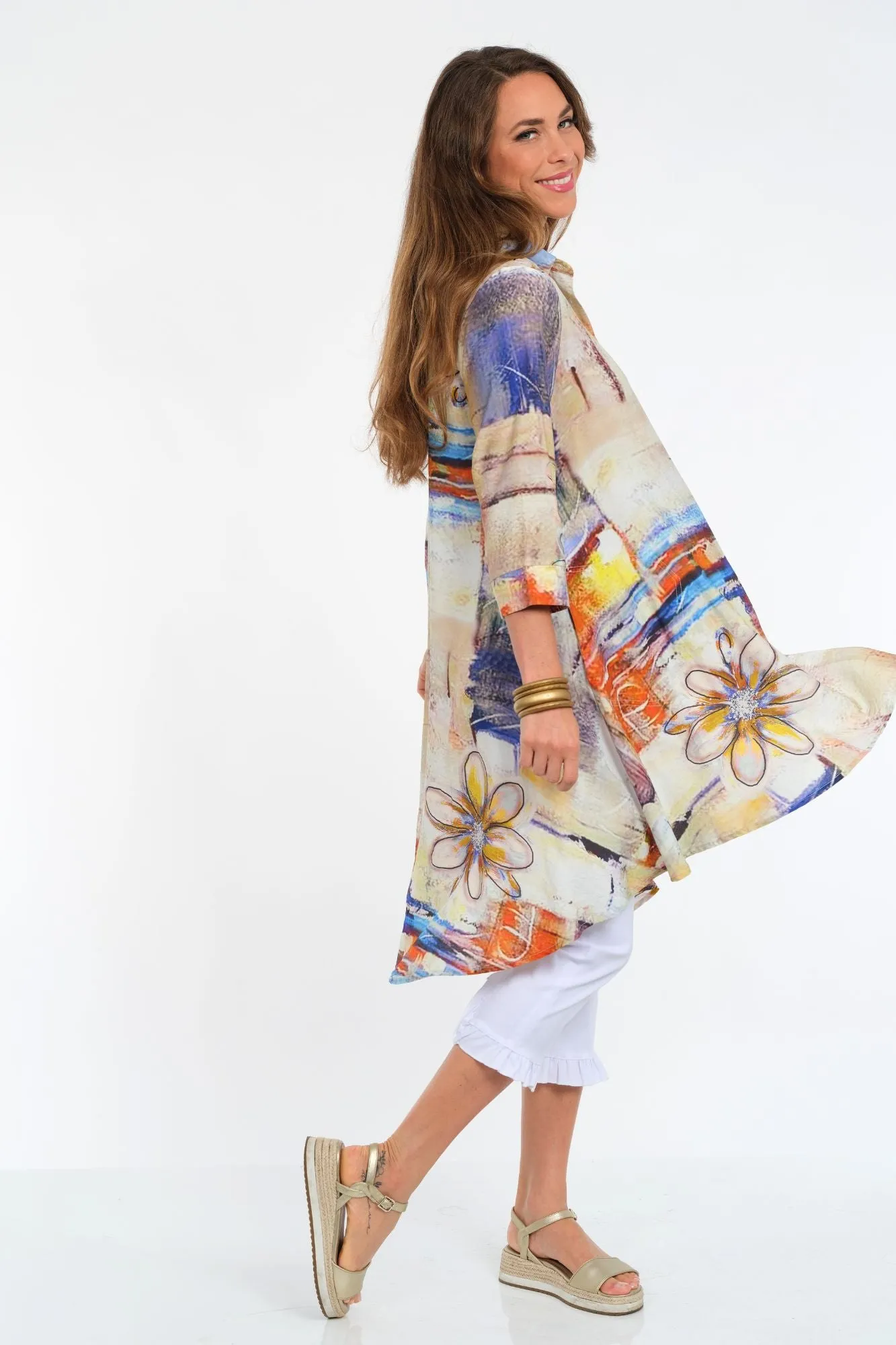 LIOR Women's Beige Multi Print 3/4 Sleeve Duster Dress