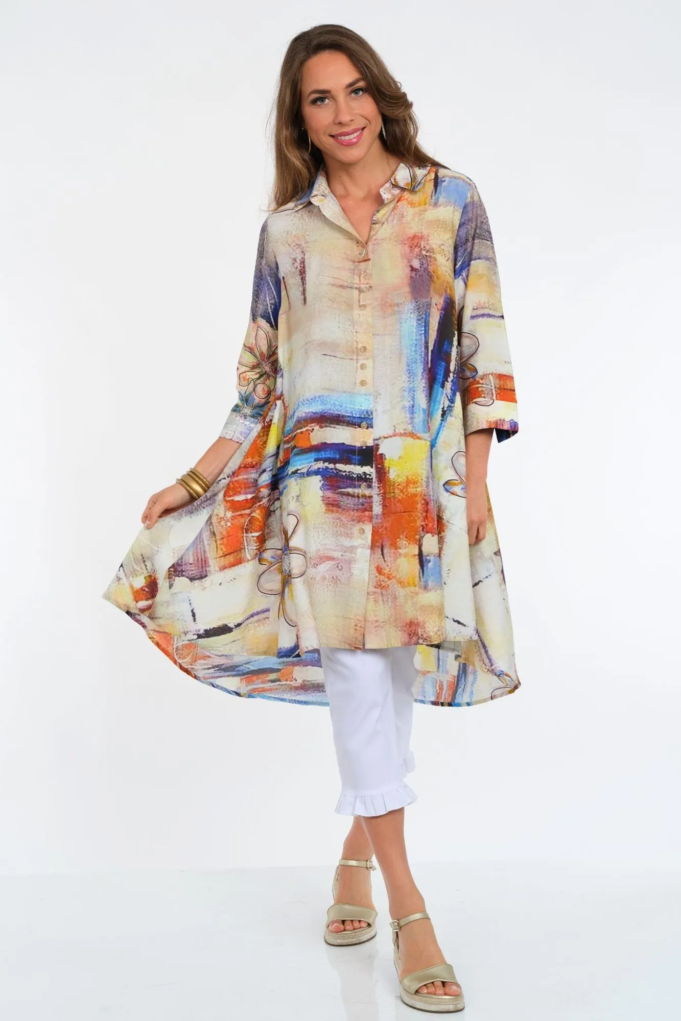 LIOR Women's Beige Multi Print 3/4 Sleeve Duster Dress