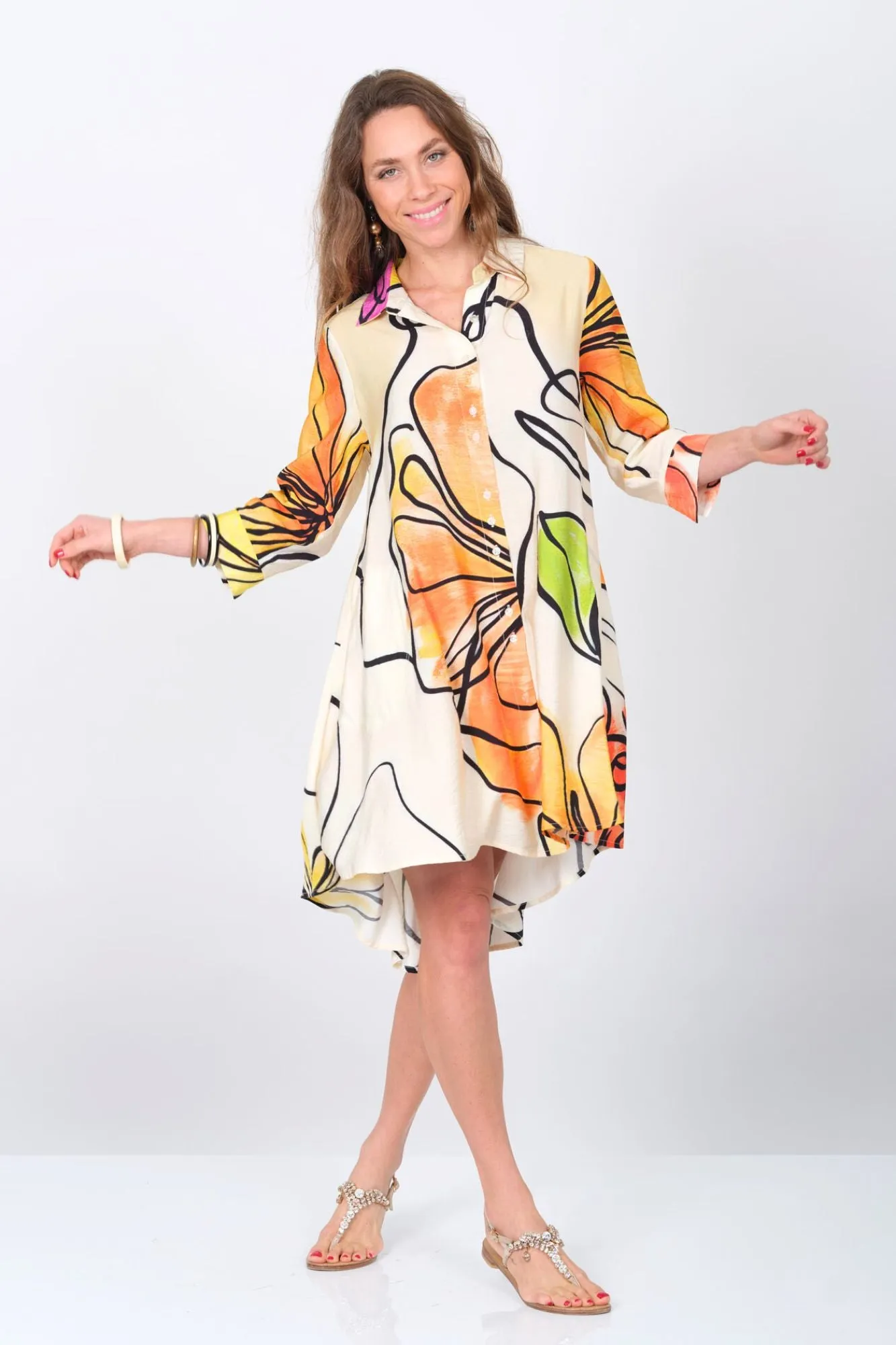 LIOR Women's Shirt Dress Button Front In Abstract Leaf Print -"S135"