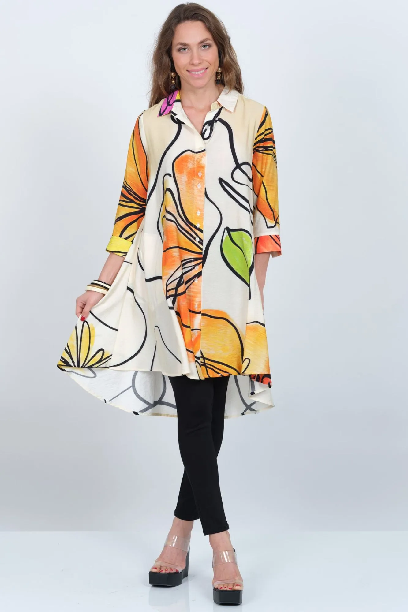 LIOR Women's Shirt Dress Button Front In Abstract Leaf Print -"S135"