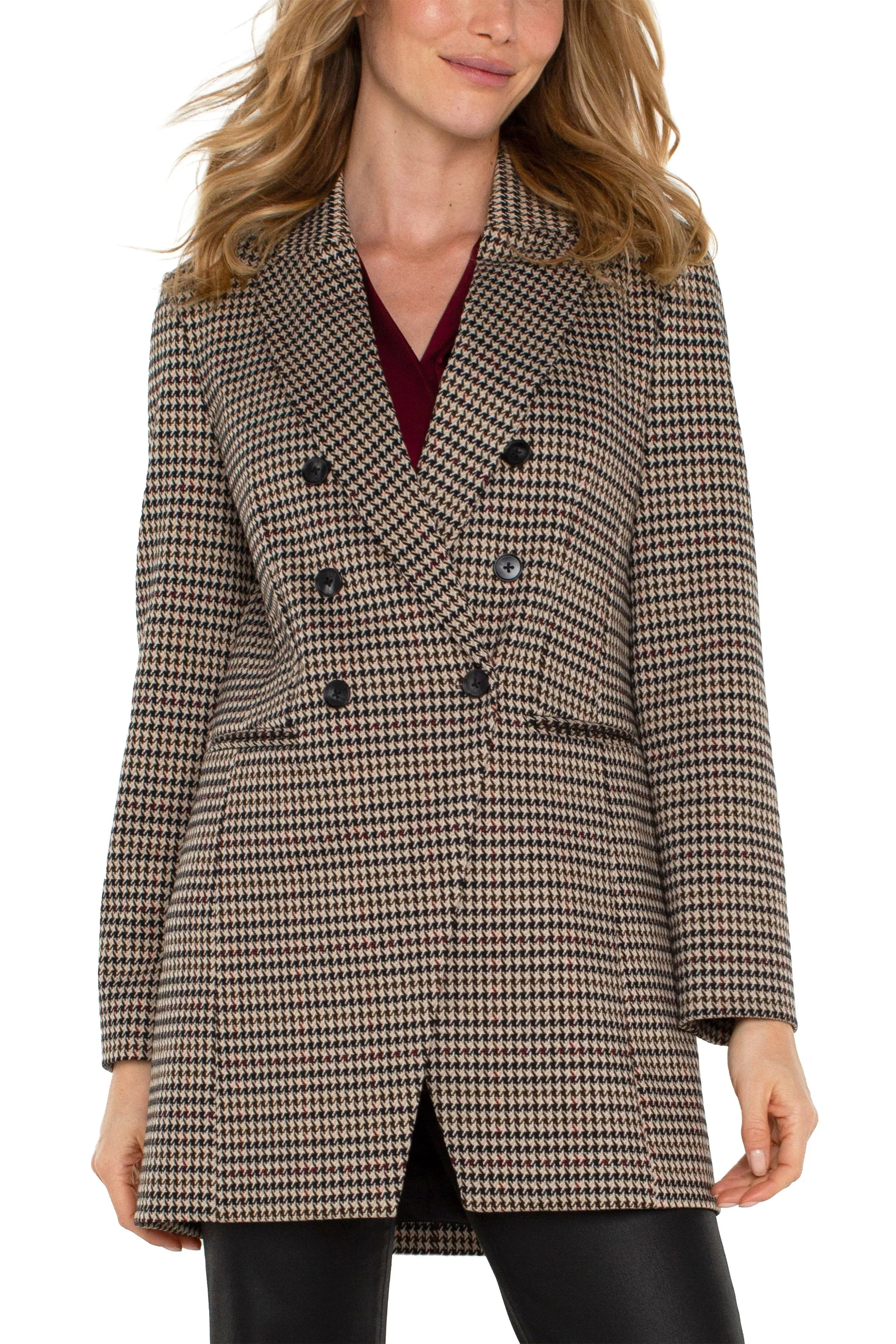 Liverpool Double Breasted Longline Blazer In Black And Tan Houndstooth