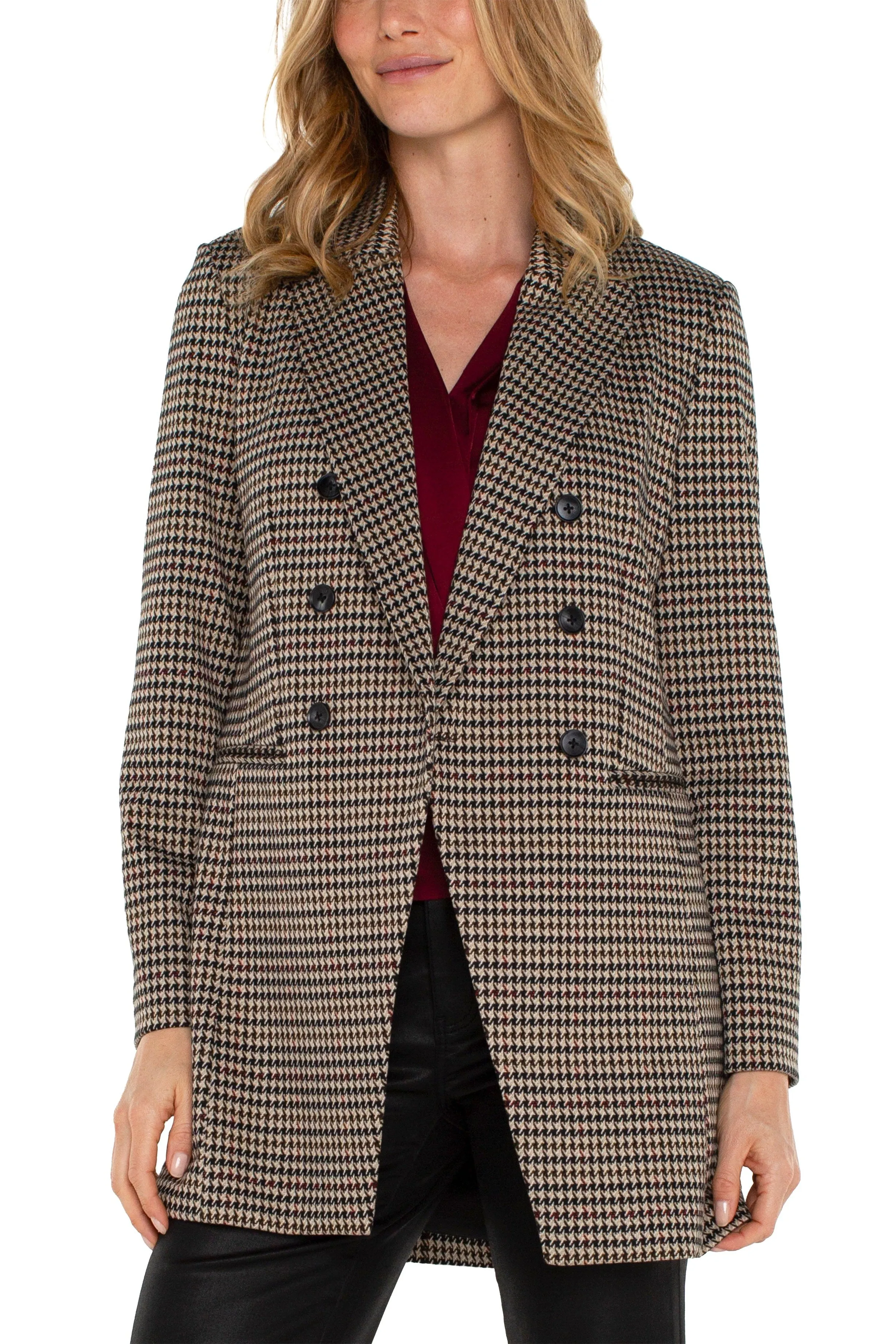 Liverpool Double Breasted Longline Blazer In Black And Tan Houndstooth