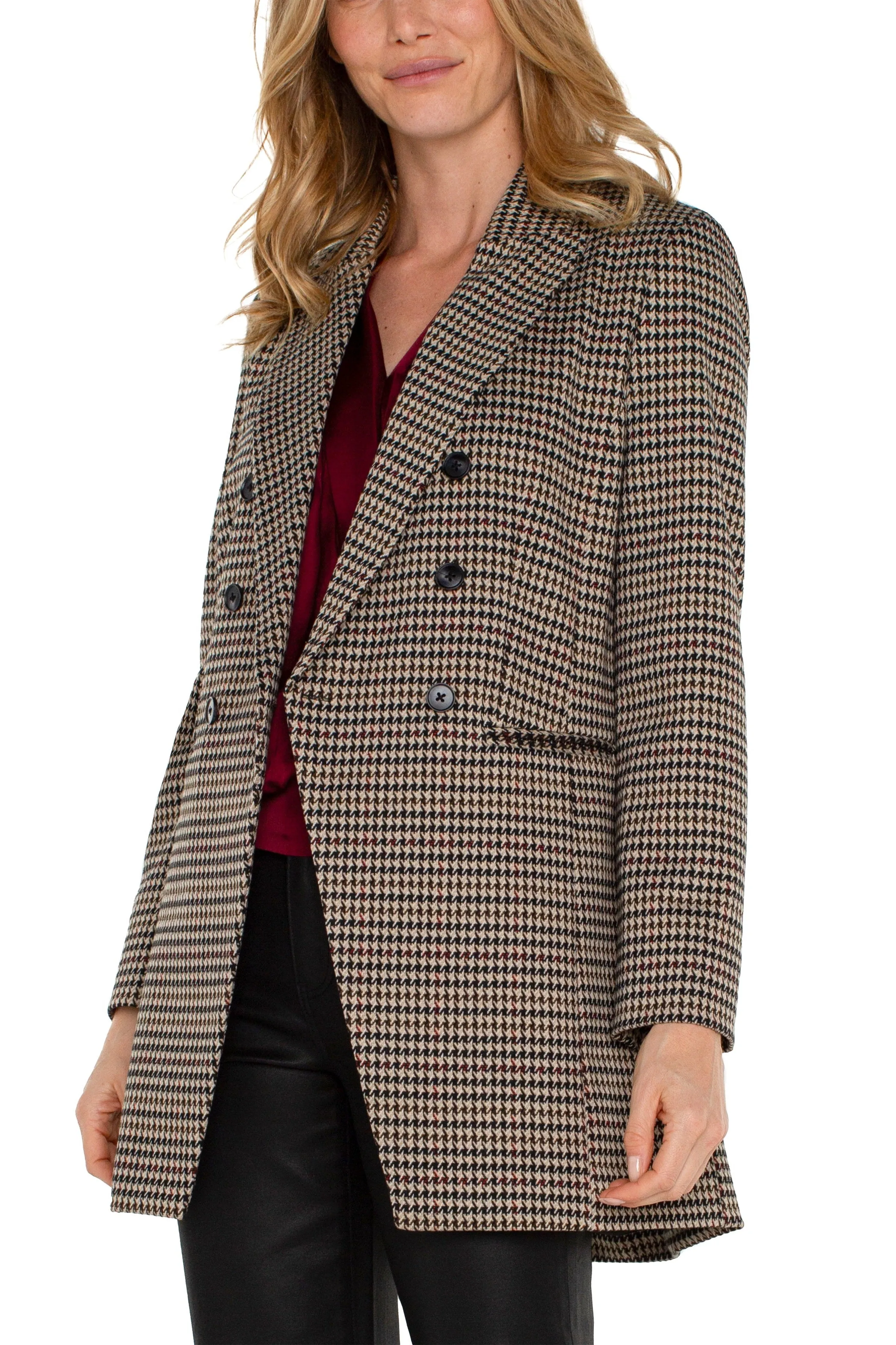 Liverpool Double Breasted Longline Blazer In Black And Tan Houndstooth