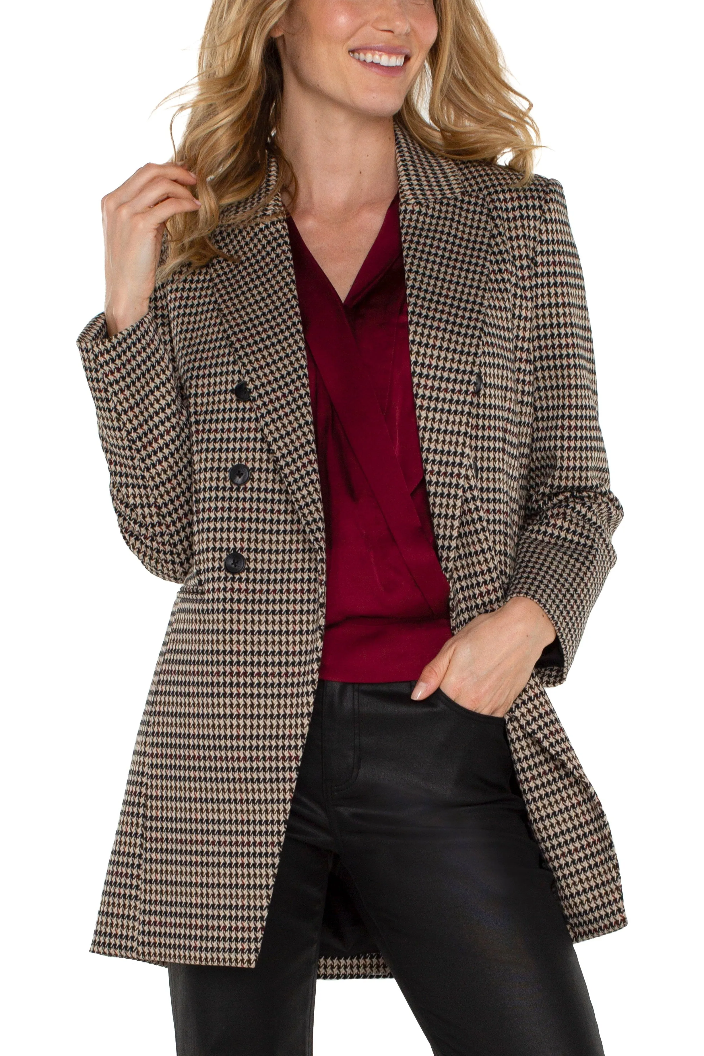 Liverpool Double Breasted Longline Blazer In Black And Tan Houndstooth