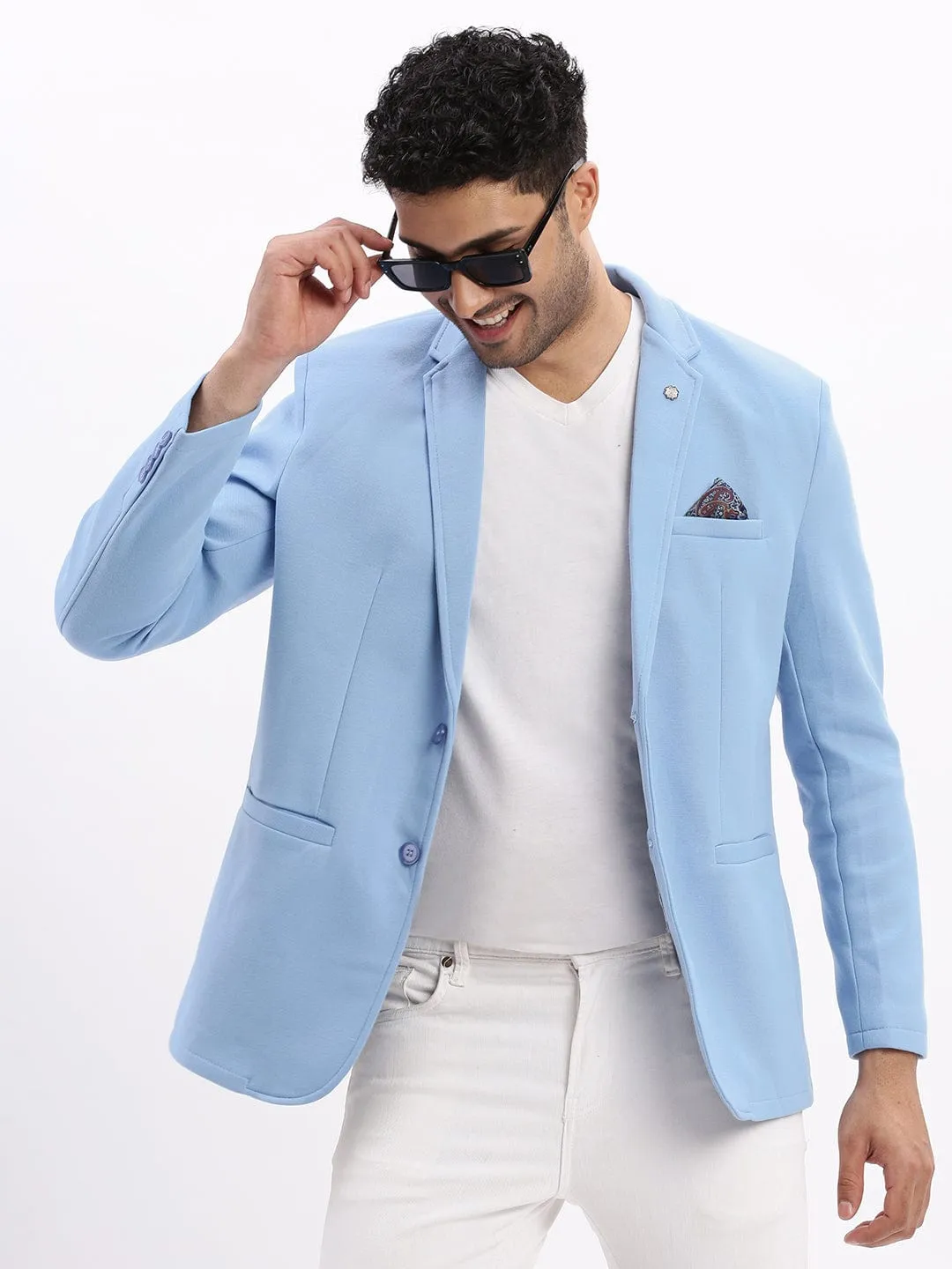 Men Blue Slim-Fit Single Breasted Notched Lapel Collar Cotton Casual Blazer