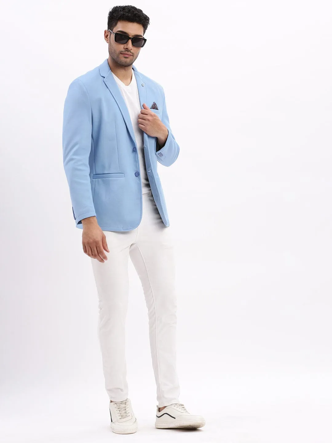 Men Blue Slim-Fit Single Breasted Notched Lapel Collar Cotton Casual Blazer