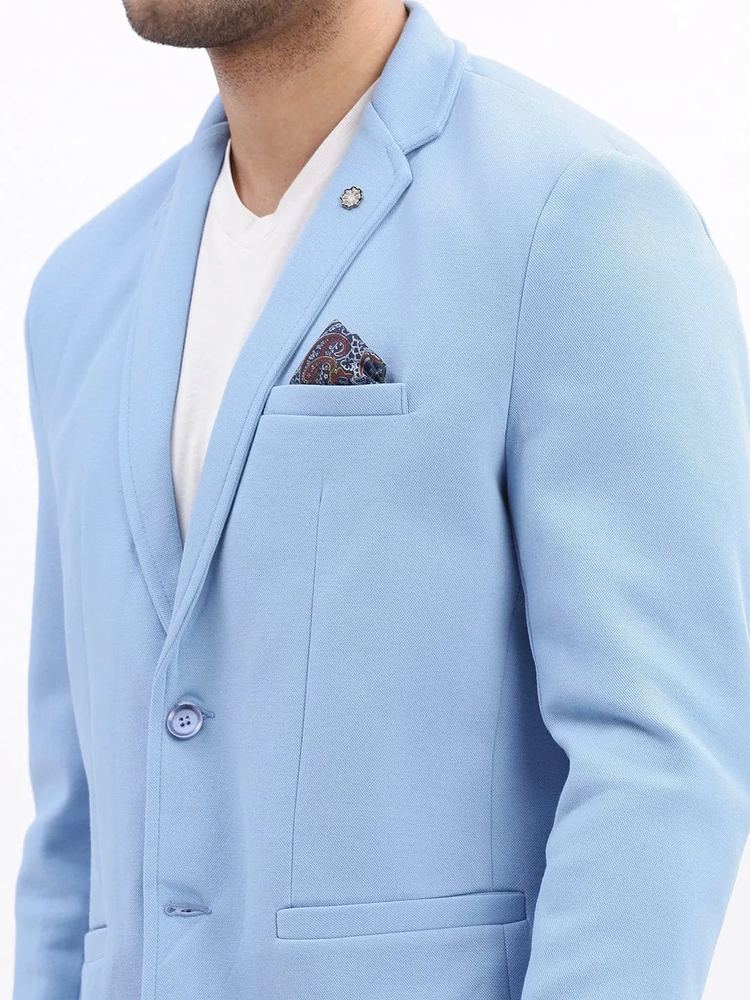 Men Blue Slim-Fit Single Breasted Notched Lapel Collar Cotton Casual Blazer