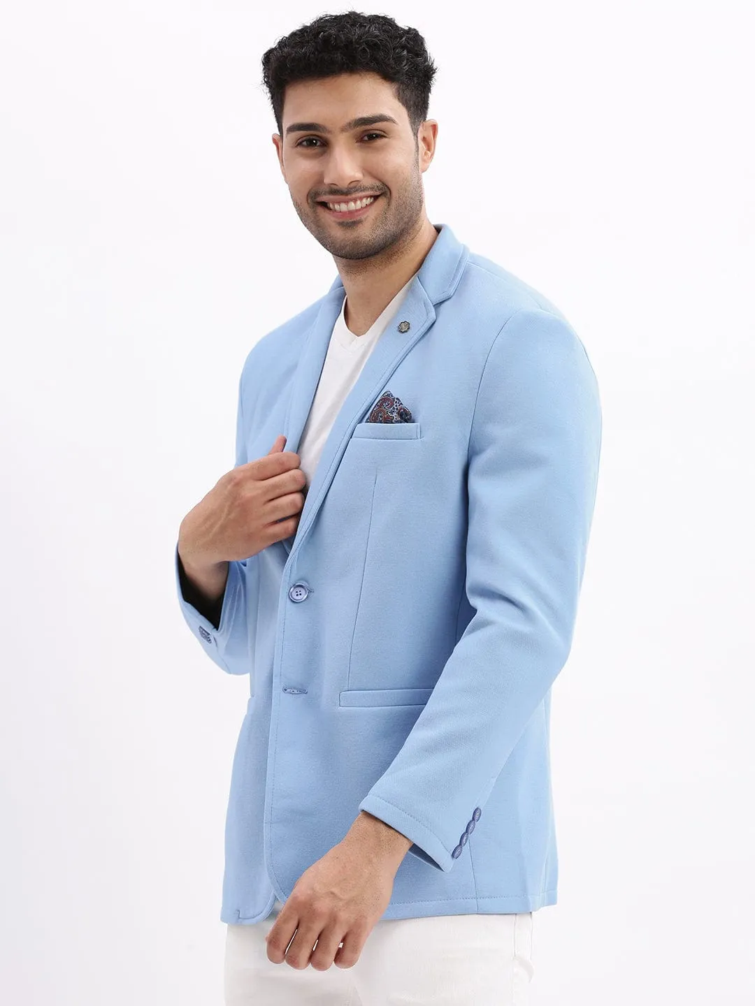 Men Blue Slim-Fit Single Breasted Notched Lapel Collar Cotton Casual Blazer