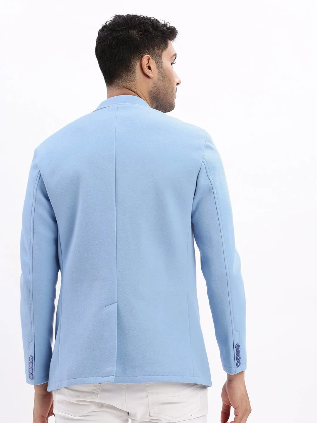 Men Blue Slim-Fit Single Breasted Notched Lapel Collar Cotton Casual Blazer