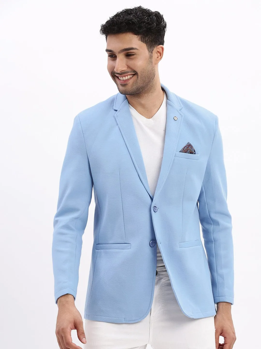 Men Blue Slim-Fit Single Breasted Notched Lapel Collar Cotton Casual Blazer