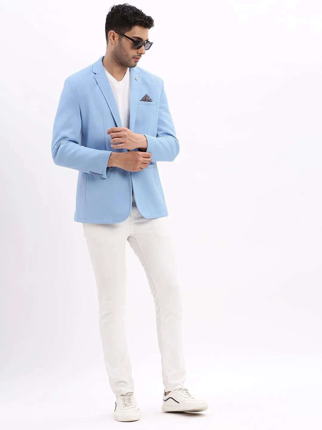 Men Blue Slim-Fit Single Breasted Notched Lapel Collar Cotton Casual Blazer