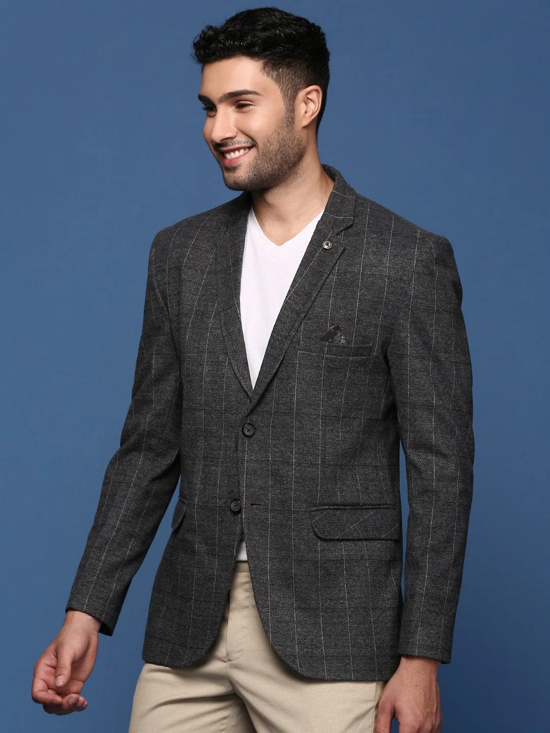 Men Charcoal Striped Slim Fit Single Breasted Blazer