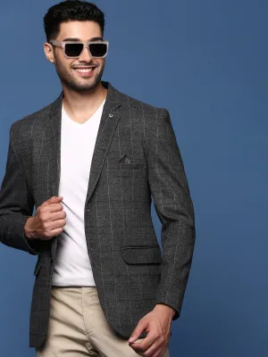 Men Charcoal Striped Slim Fit Single Breasted Blazer