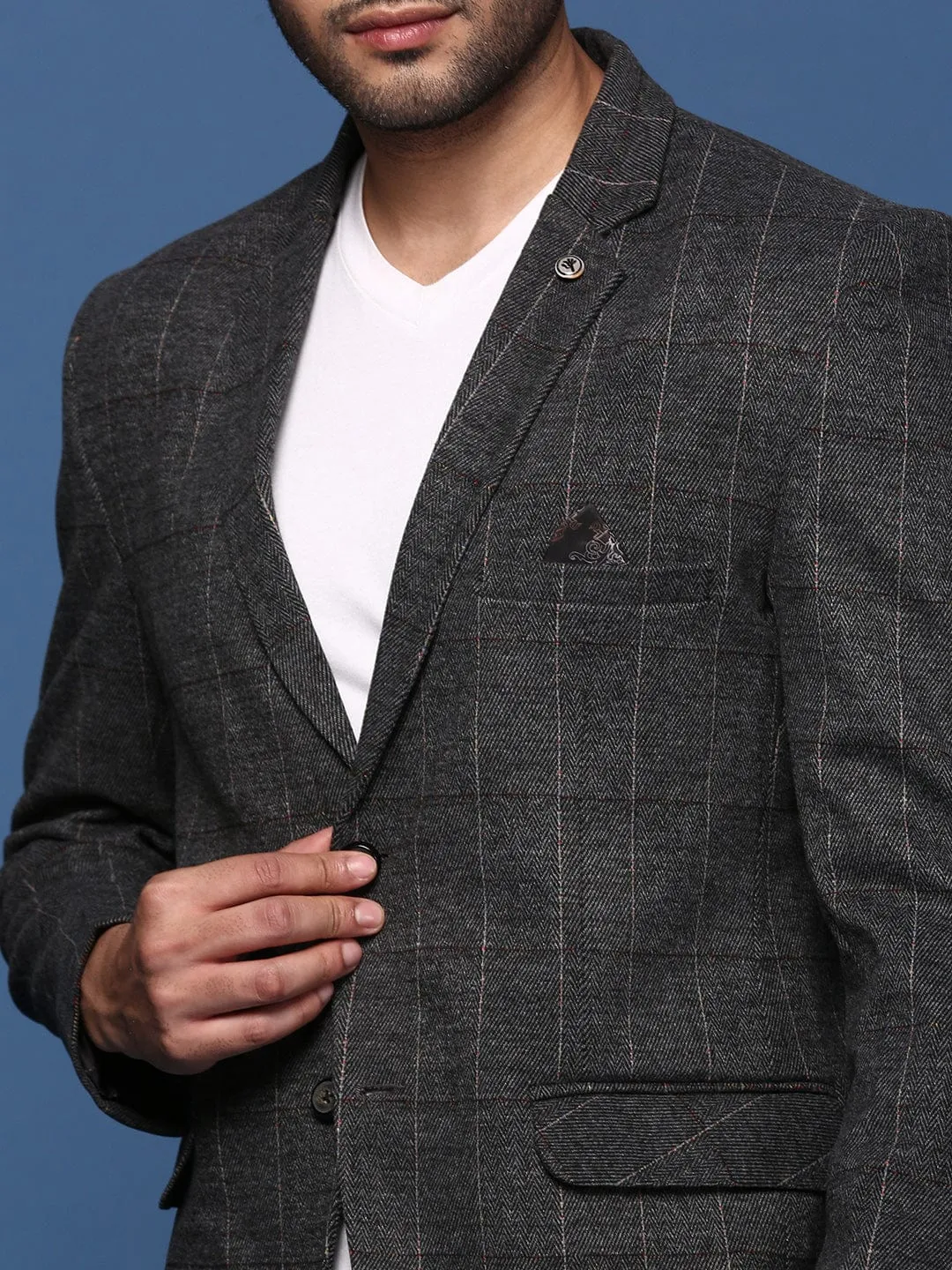 Men Charcoal Striped Slim Fit Single Breasted Blazer