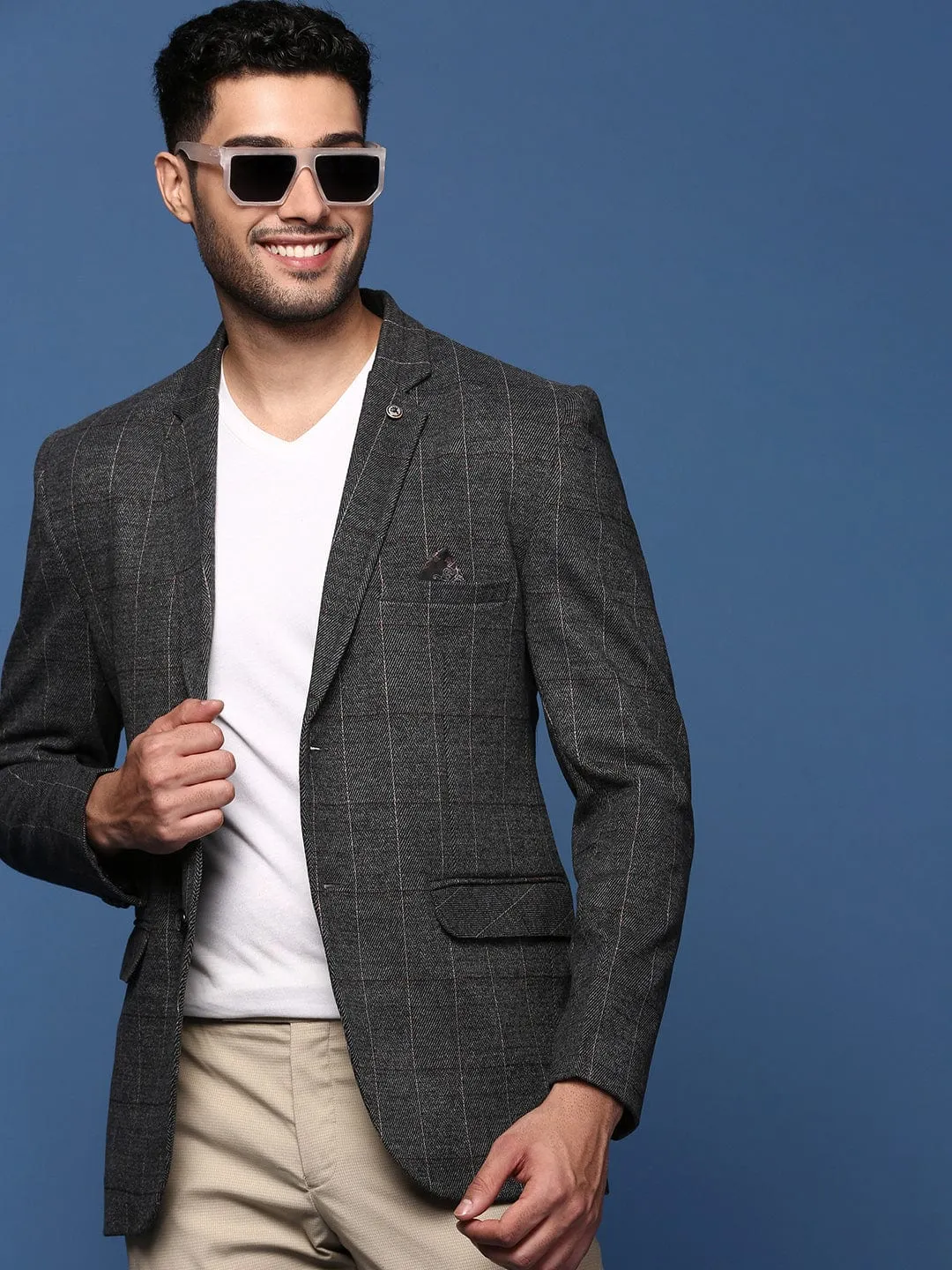 Men Charcoal Striped Slim Fit Single Breasted Blazer