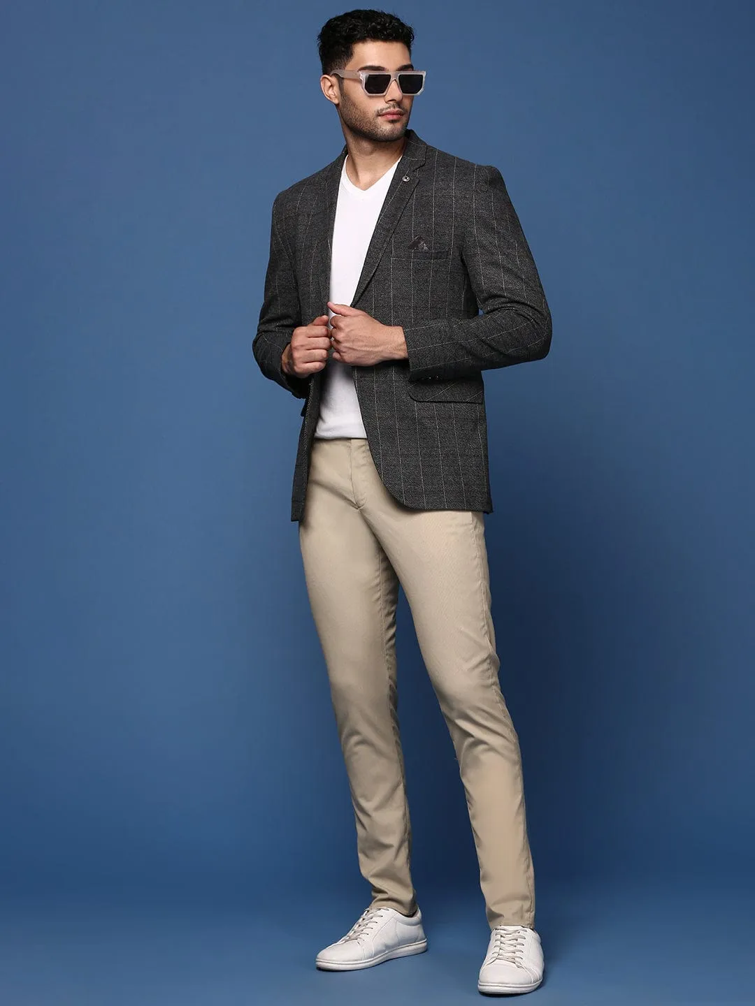 Men Charcoal Striped Slim Fit Single Breasted Blazer