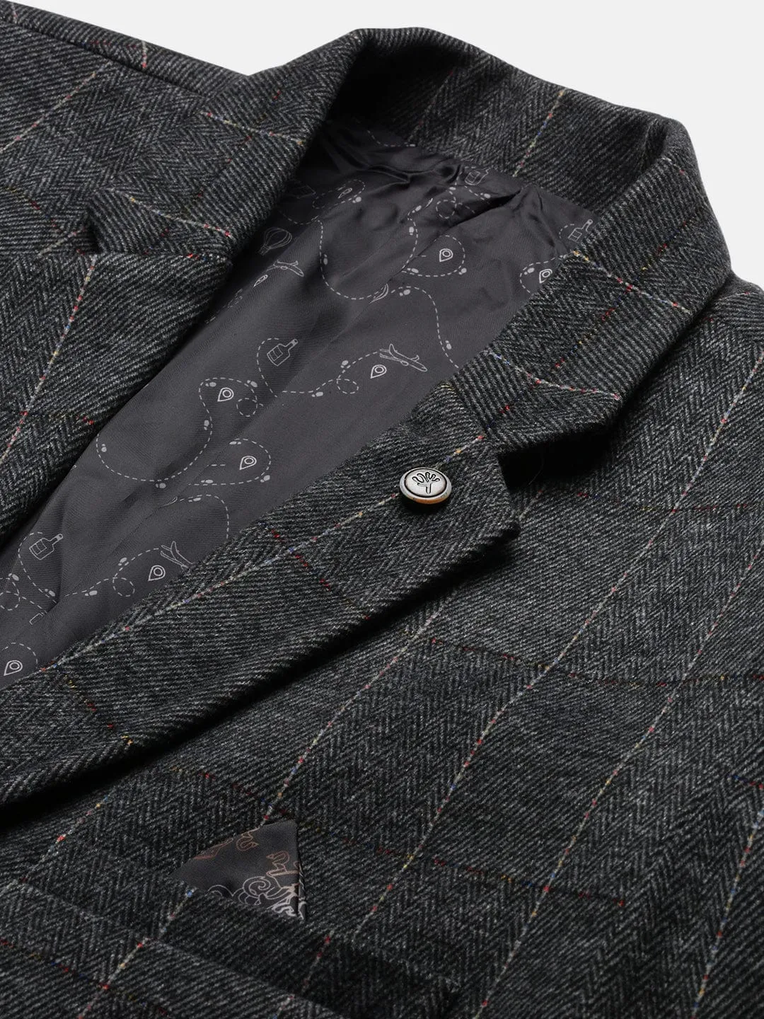 Men Charcoal Striped Slim Fit Single Breasted Blazer