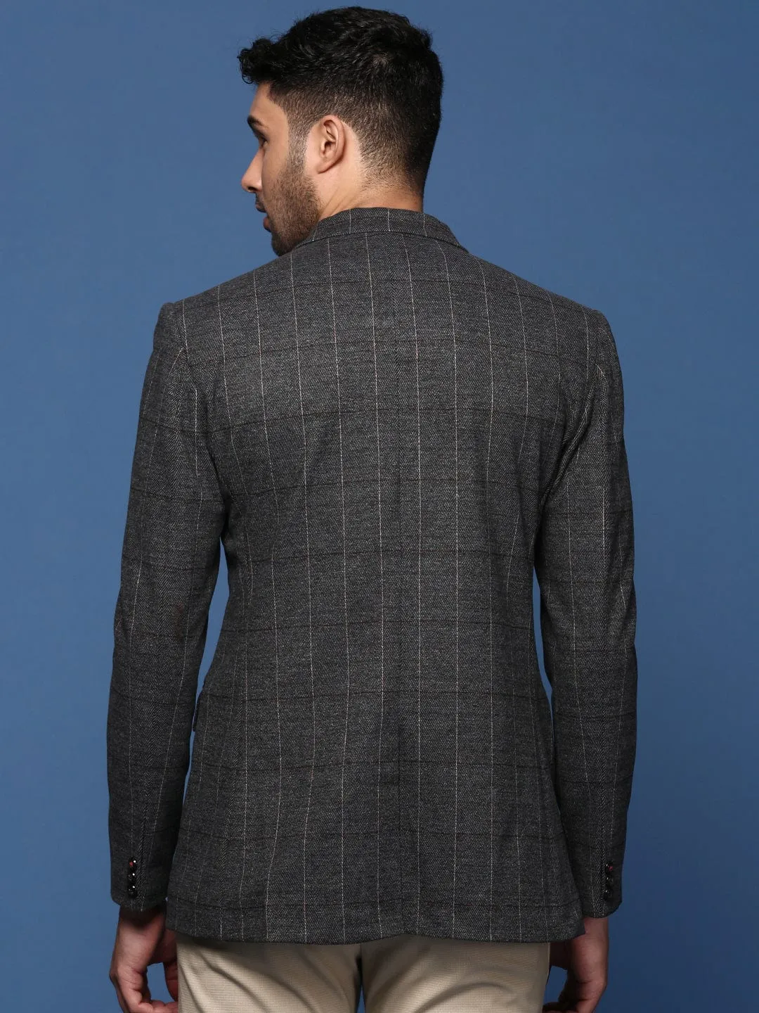 Men Charcoal Striped Slim Fit Single Breasted Blazer