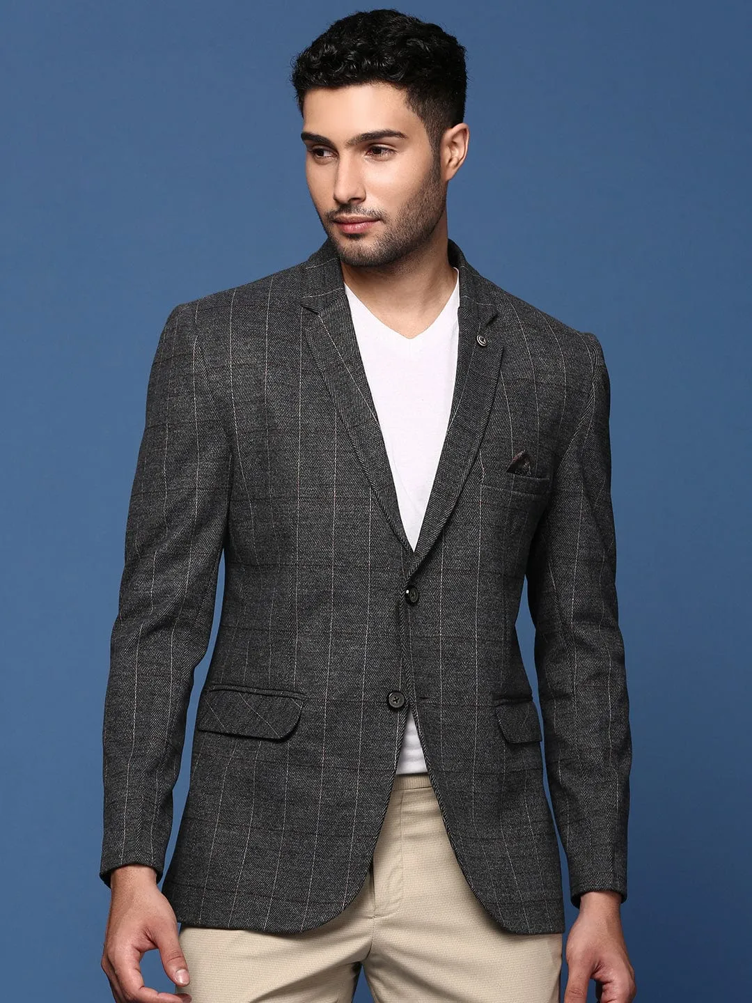 Men Charcoal Striped Slim Fit Single Breasted Blazer